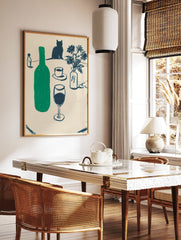 Minimalist Cat & Wine Still Life Wall Art featuring a green bottle, wine glass, cat silhouette, and blue flowers. - Image 2