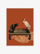 Surreal cat and crane playing chess on a low table with swirling waves, red background art print