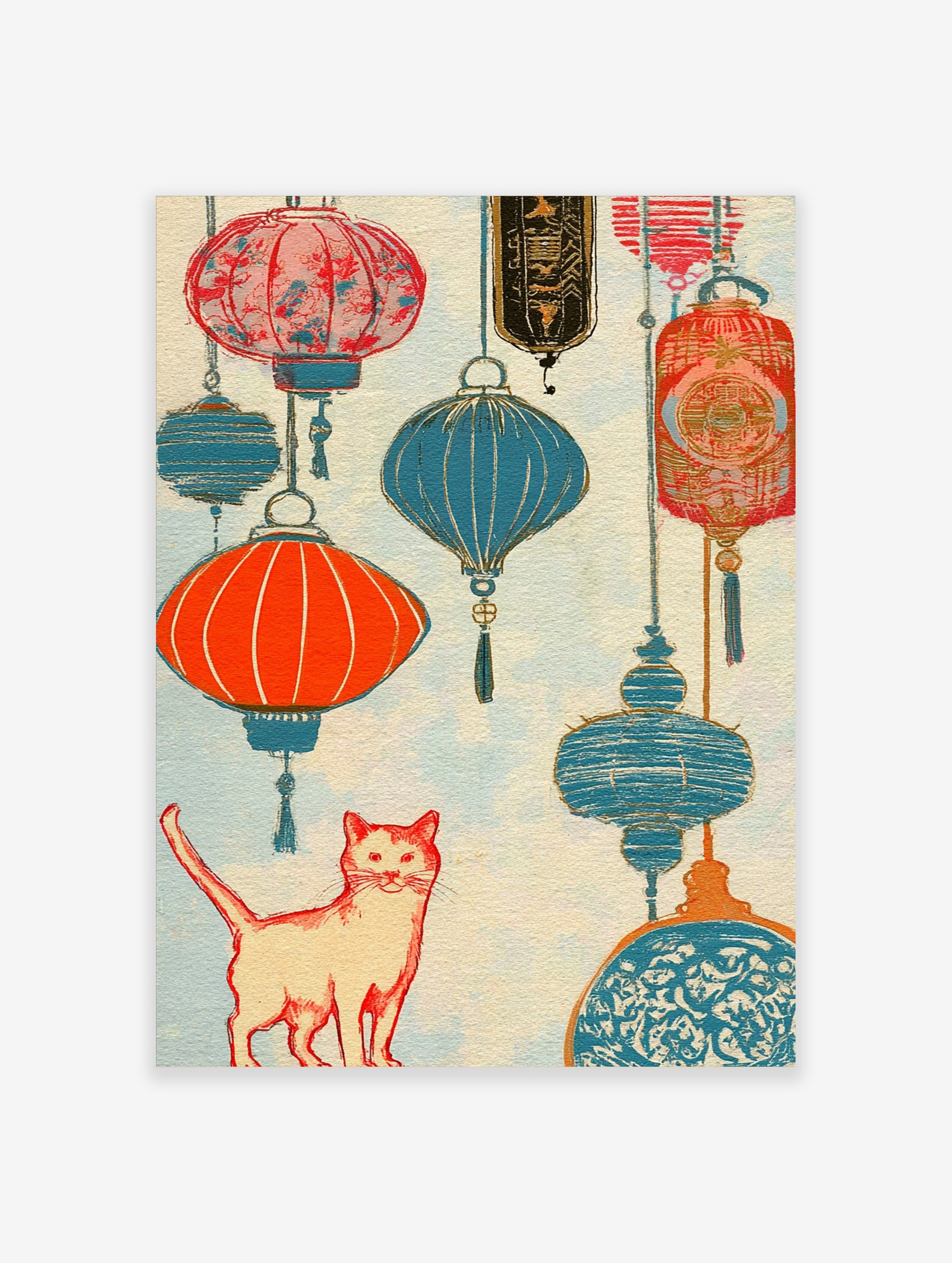 An orange cat stands below hanging red and blue paper lanterns in this vibrant, textured illustration art print