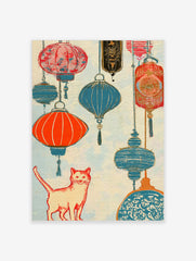 An orange cat stands below hanging red and blue paper lanterns in this vibrant, textured illustration art print