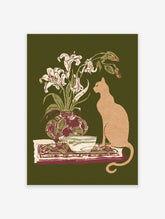 Vintage style cat and lilies botanical illustration art print with a decorative vase and bowl on an olive green background.