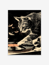Illustrated cat reaching toward turntable with origami butterflies, black and cream art print