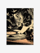 Cat with paw on record player, origami cranes flying, black and cream illustration