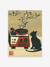 Black cat watching origami cranes fly from red record player, retro illustration print on beige background