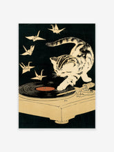 Cat reaching for record player with origami cranes, black and cream illustration