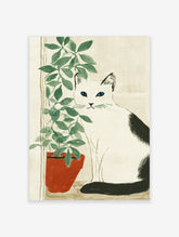 White cat with blue eyes next to potted green plant, minimal illustration on cream background