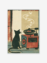 Cat and record player wall art with black cat, red gramophone, and white birds swirling from turntable
