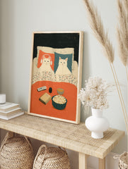 Illustration of two white cats relaxing in bed with popcorn, a book, and remote. One cat wears headphones. Cozy cat art print. - Image 3