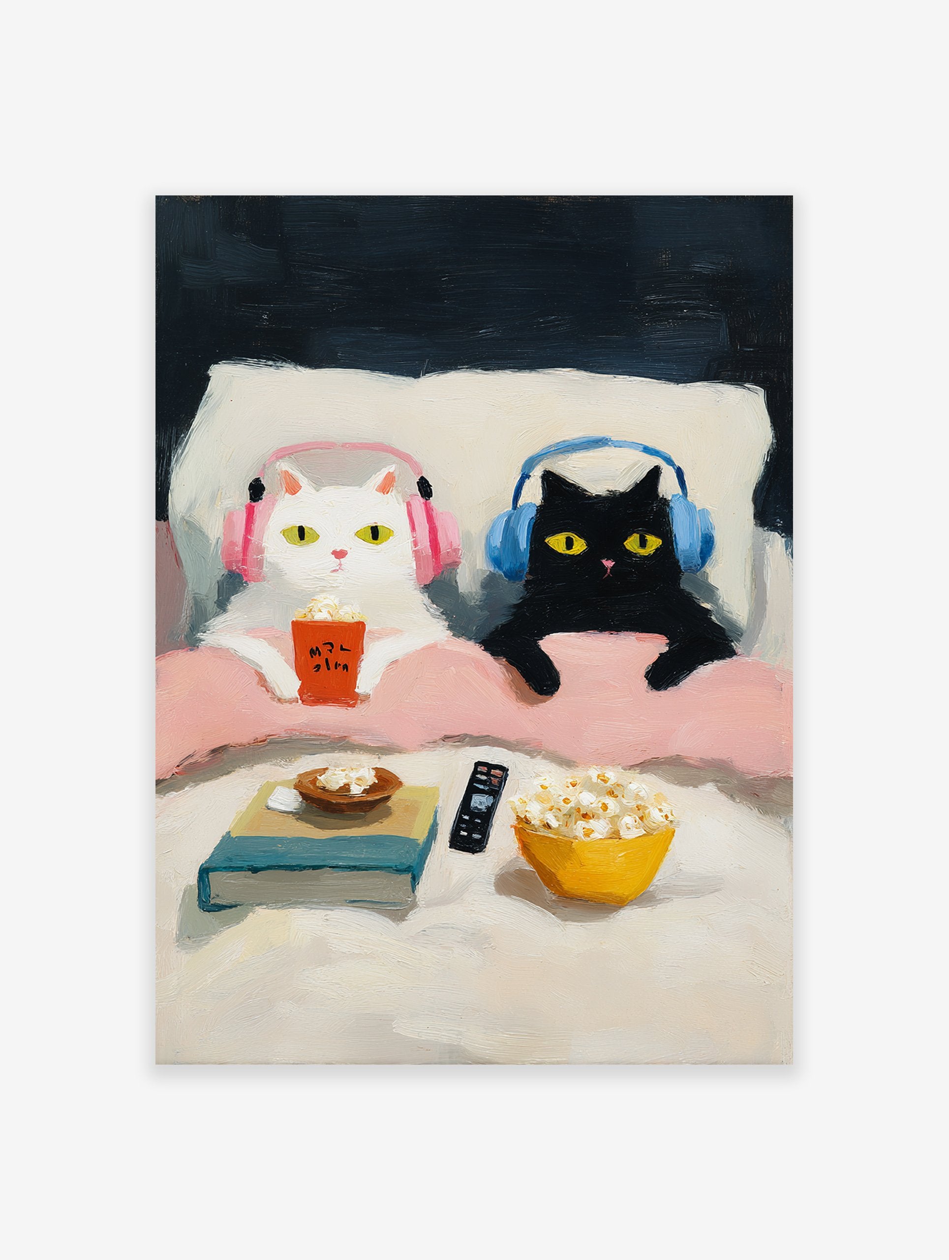 Whimsical cat art print of a white cat and a black cat with headphones enjoying popcorn in bed during a movie night.