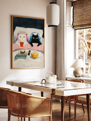 Whimsical cat art print of a white cat and a black cat with headphones enjoying popcorn in bed during a movie night. - Image 2