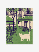 Vintage style illustration of a white cat walking in front of a green Parisian cafe with outdoor seating and trees.