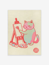 Pink and green cat painting on canvas with paint pots and palette, red outline style, red seal, cream background