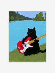 Black cat playing a red electric bass guitar on a grassy riverbank with a blue river and trees illustration art print