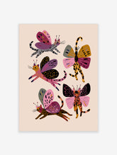 Whimsical cat butterfly wall art with five cats in pink, yellow, and purple wings on cream background