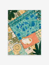 Illustrated cat sleeping on coral towel by blue pool with straw hat and plants