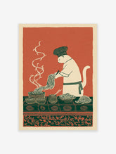 Illustrated cat chef wearing a hat and apron, cooking noodles with chopsticks on a green table, with bowls and steam.