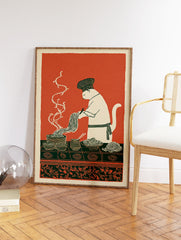 Illustrated cat chef wearing a hat and apron, cooking noodles with chopsticks on a green table, with bowls and steam. - Image 2