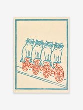 Four cats in sunglasses riding a red tandem bicycle, blue and red sketch on cream paper