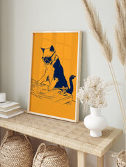 Illustrative cat DJ wearing sunglasses on a turntable, dark blue graphic on an orange, in an alternate framed mockup