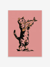 Cat standing holding a fish, black ink illustration on pink background, animal art print