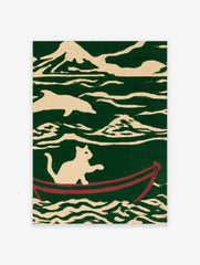 Illustrative art print of a white cat sitting in a red boat on stylized green and cream ocean waves