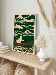 Illustrative art print of a white cat sitting in a red boat on stylized green and cream ocean, in an alternate framed mockup