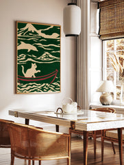 Illustrative art print of a white cat sitting in a red boat on stylized green and cream ocean waves, in a styled room mockup