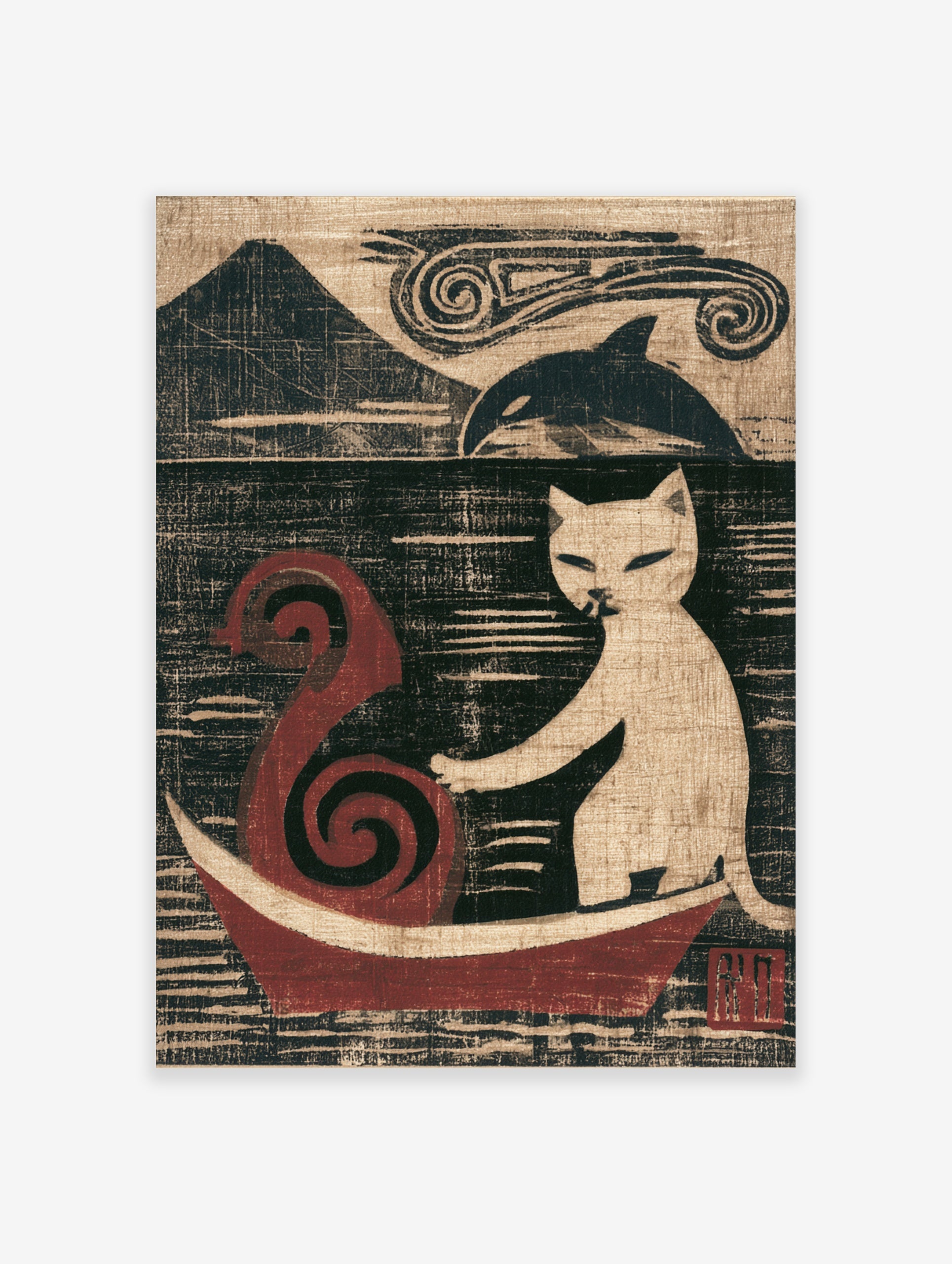 Stylised art print of a white cat in a red boat with a mountain and orca in the background