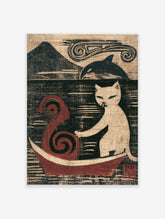 Stylised art print of a white cat in a red boat with a mountain and orca in the background
