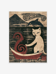Stylised art print of a white cat in a red boat with a mountain and orca in the background