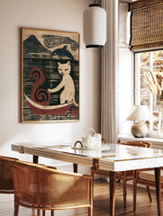 Stylised art print of a white cat in a red boat with a mountain and orca in the background, in a styled room mockup