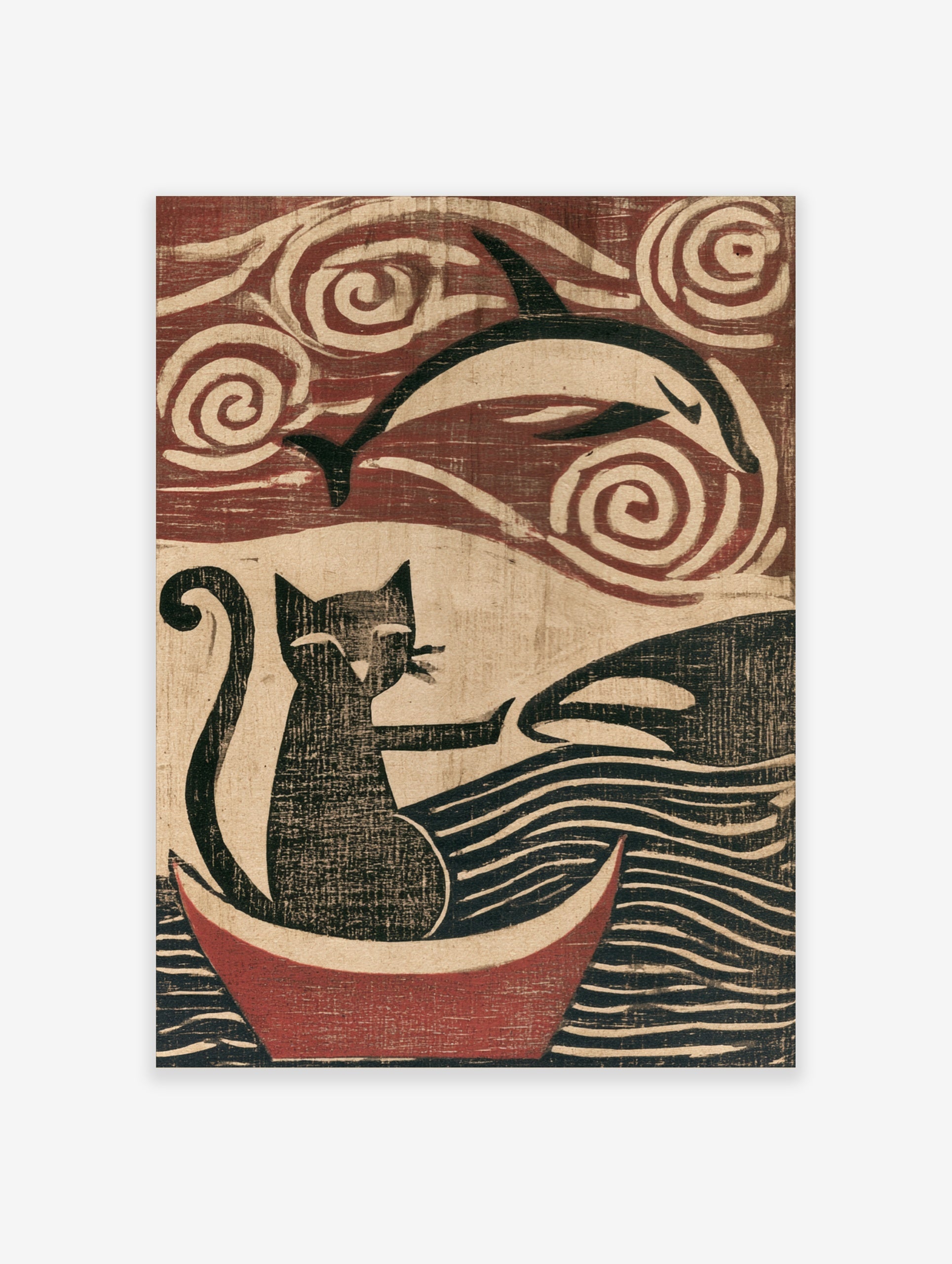 Woodblock style art print of a cat in a boat reaching for a dolphin with swirling sky and wave patterns