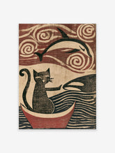Woodblock style art print of a cat in a boat reaching for a dolphin with swirling sky and wave patterns