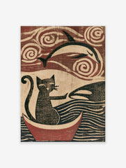 Woodblock style art print of a cat in a boat reaching for a dolphin with swirling sky and wave patterns