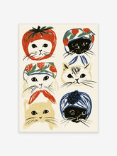 Colourful cat art print with six cats in fruit hats including strawberry and tomato on cream background