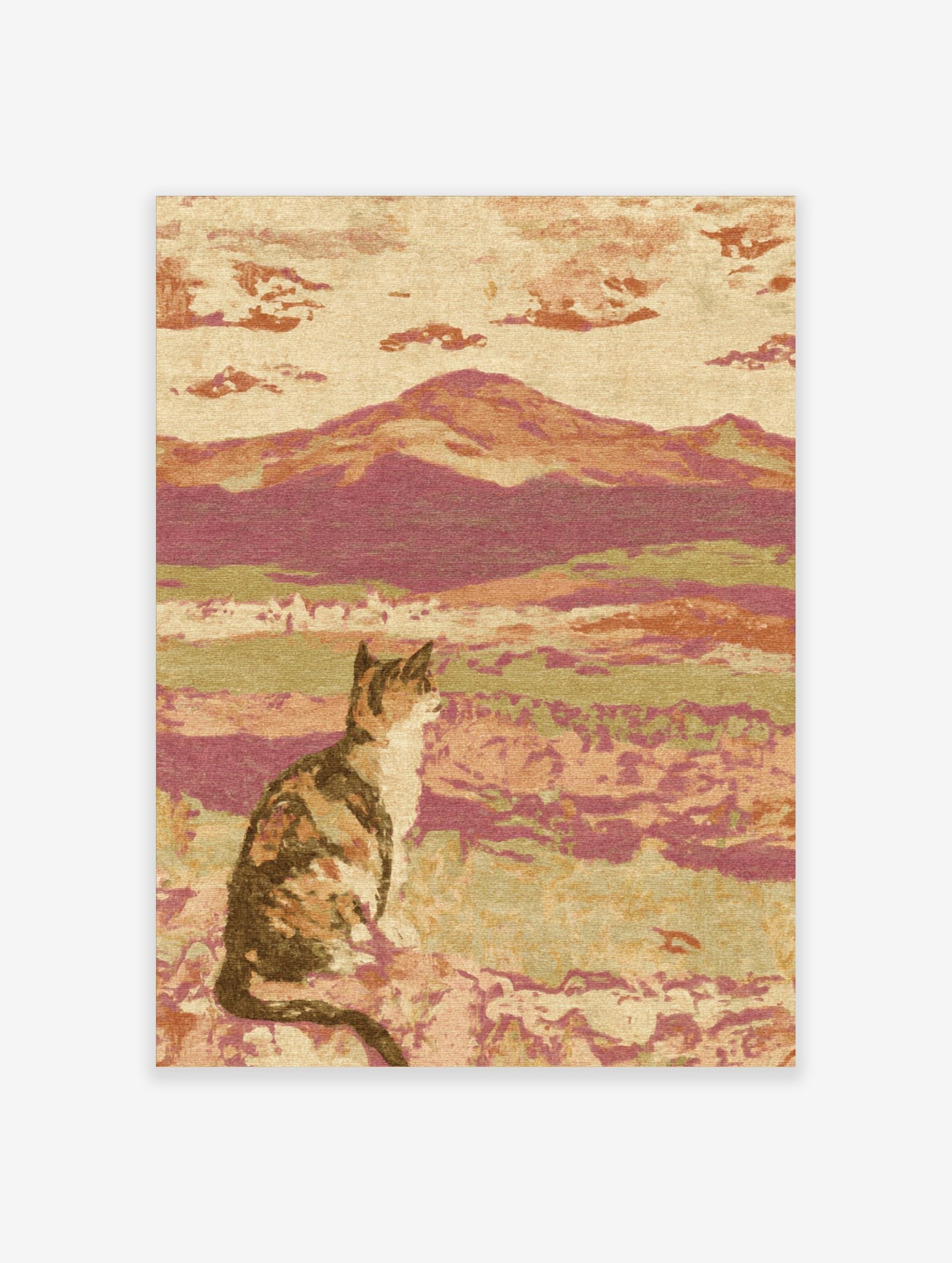 Impressionistic art print of a calico cat sitting in a landscape with hills and clouds, earthy tones