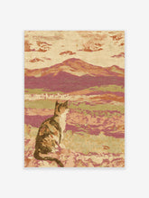 Impressionistic art print of a calico cat sitting in a landscape with hills and clouds, earthy tones
