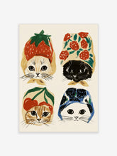 Four cats wearing strawberry, rose, cherry, and blueberry hats in a grid on cream background