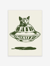 Retro cat in UFO poster with striped dome and dark green ink on cream background