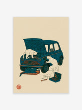 Illustration of four white cats repairing a blue vintage car, with toolbox and creeper, on beige background