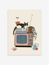 Illustrated cat on books atop retro TV with plants and watering can, unframed paper print
