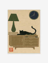 Minimalist illustration of a black cat on a record player and sideboard with a green lamp and dark clock on beige paper