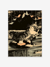 Cat lying on vinyl record with origami cranes hanging above, black and cream retro illustration print
