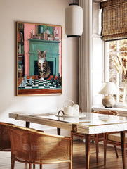 A painting poster of a tabby cat playing chess in a room with a fireplace and bookshelves. - Image 2