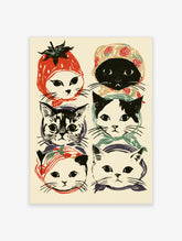 Six stylised cat portraits in red, green, and black headscarves on a cream background, cat wall art print