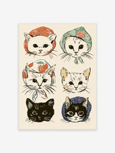 Six illustrated cat portraits in retro headscarves and hats on a cream background, vintage sketch style