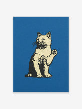 Black and cream cat with raised paw on blue background, illustrated cat poster
