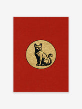 Vintage cat poster with black cat sitting in gold circle on red background