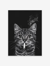 Black and white cat smoking cigarette poster with smoke rising against a dark background, a unique animal art print.