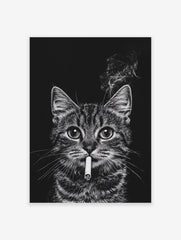 Black and white cat smoking cigarette poster with smoke rising against a dark background, a unique animal art print.